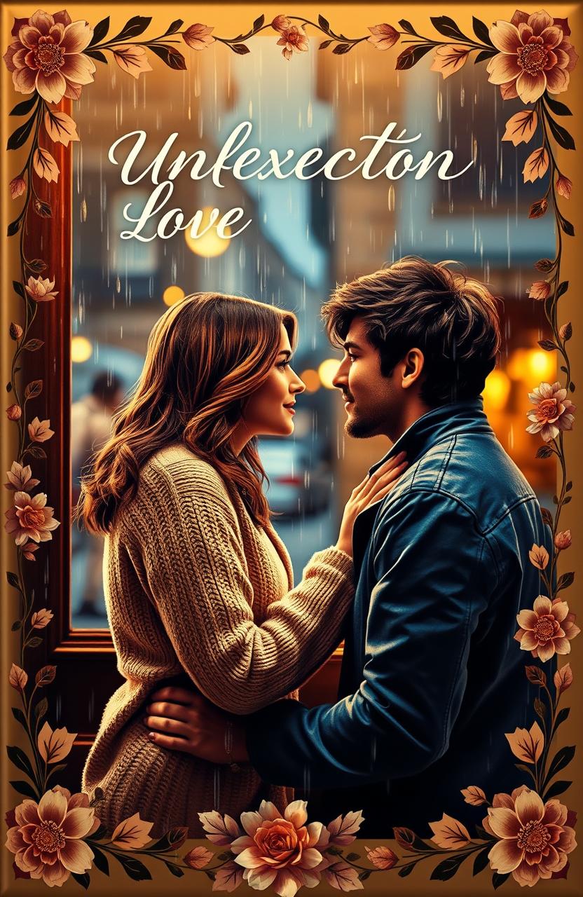 A captivating book cover depicting an unexpected love story set in a cozy, quaint café during a rainstorm