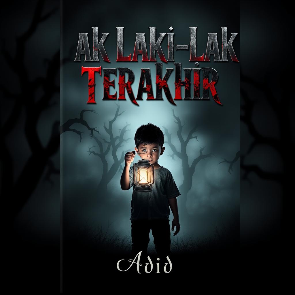 A dark and intriguing book cover design for a novel titled "Anak Laki-laki Terakhir" by Adid