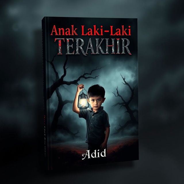 A dark and intriguing book cover design for a novel titled "Anak Laki-laki Terakhir" by Adid