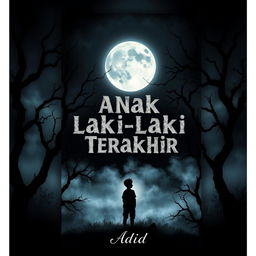 A striking and dark-themed book cover design for a novel titled 'Anak Laki-laki Terakhir' by Adid