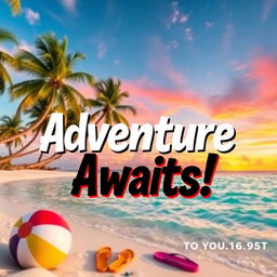 A vibrant and eye-catching YouTube thumbnail showcasing an exciting topic related to travel, featuring a stunning tropical beach with crystal-clear water, lush palm trees, and a colorful sunset in the background