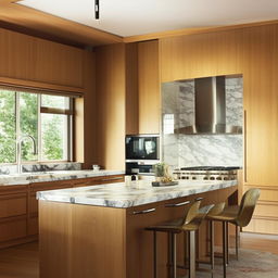 Generate a cozy, bright, modern kitchen with stainless steel appliances, a central island, marble countertops, and wooden cabinets. Natural light should be flowing through large windows.