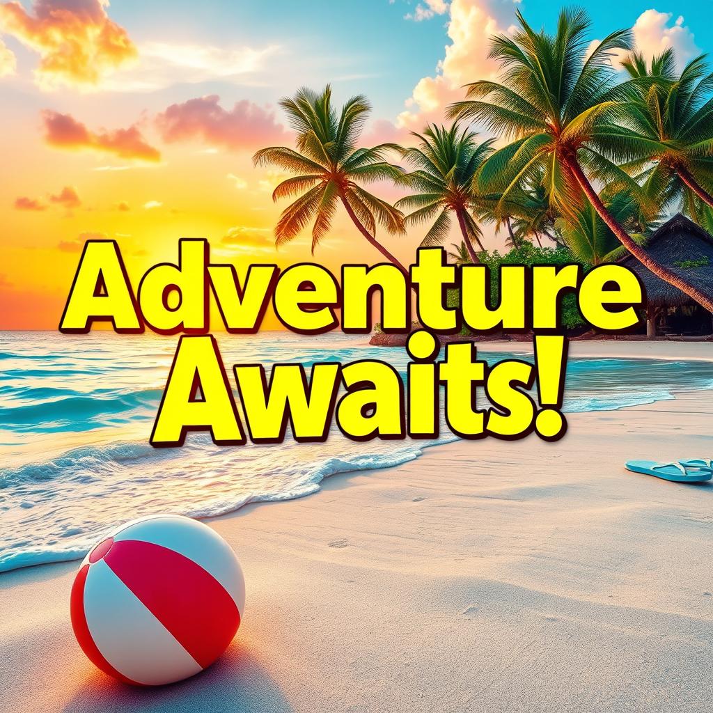 A vibrant and eye-catching YouTube thumbnail showcasing an exciting topic related to travel, featuring a stunning tropical beach with crystal-clear water, lush palm trees, and a colorful sunset in the background