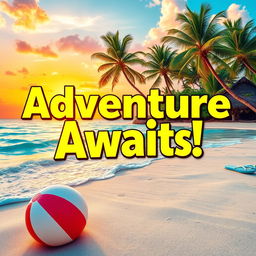 A vibrant and eye-catching YouTube thumbnail showcasing an exciting topic related to travel, featuring a stunning tropical beach with crystal-clear water, lush palm trees, and a colorful sunset in the background