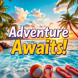 A vibrant and eye-catching YouTube thumbnail showcasing an exciting topic related to travel, featuring a stunning tropical beach with crystal-clear water, lush palm trees, and a colorful sunset in the background