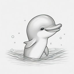 Two-dimensional, black and white drawing of a smiling baby dolphin, designed for a colouring page.