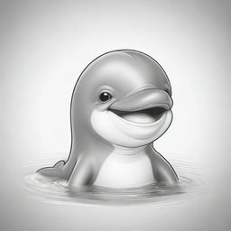 Two-dimensional, black and white drawing of a smiling baby dolphin, designed for a colouring page.