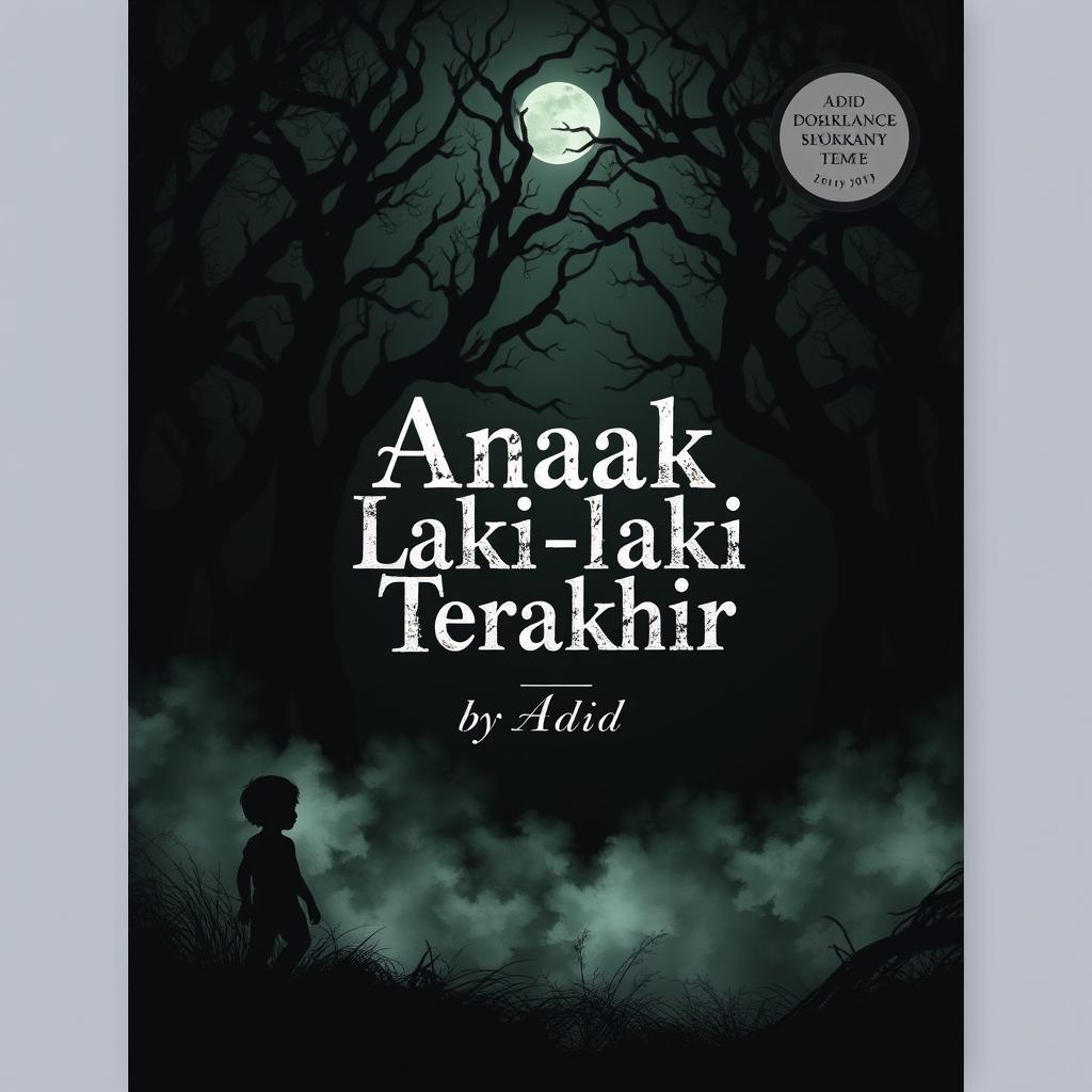 An intriguing dark design theme for a novel titled 'Anak Laki-laki Terakhir' by Adid