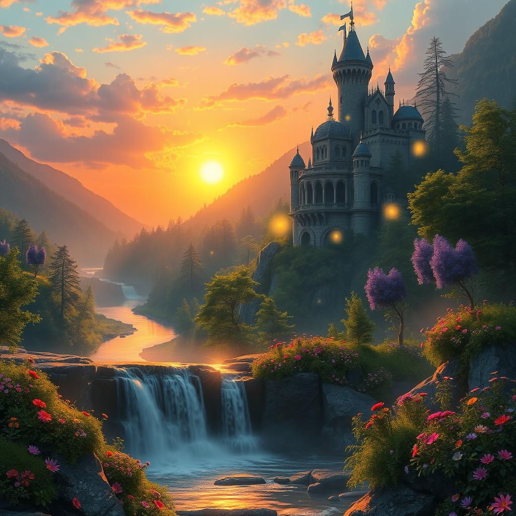 A stunning fantasy landscape featuring a majestic tall castle on a cliff surrounded by a lush green forest, with a vibrant, colorful sunset in the background casting a golden hue over the scene