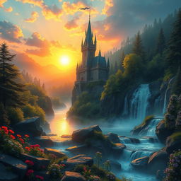 A stunning fantasy landscape featuring a majestic tall castle on a cliff surrounded by a lush green forest, with a vibrant, colorful sunset in the background casting a golden hue over the scene