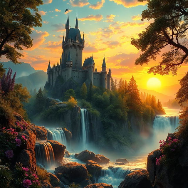 A stunning fantasy landscape featuring a majestic tall castle on a cliff surrounded by a lush green forest, with a vibrant, colorful sunset in the background casting a golden hue over the scene