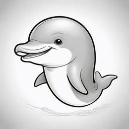 Two-dimensional, black and white drawing of a smiling baby dolphin, designed for a colouring page.