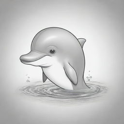 Two-dimensional, black and white cartoon of a baby dolphin, designed for a colouring page.