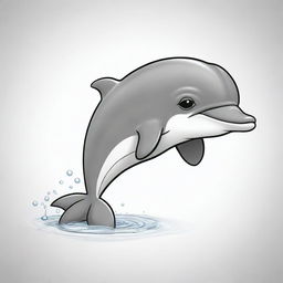 Two-dimensional, black and white cartoon of a baby dolphin, designed for a colouring page.