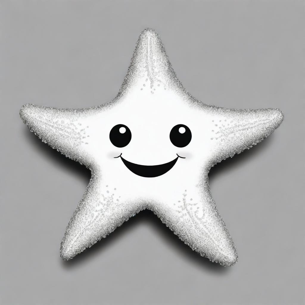 Two-dimensional, black and white drawing of a smiling baby sea star, designed for a colouring page.