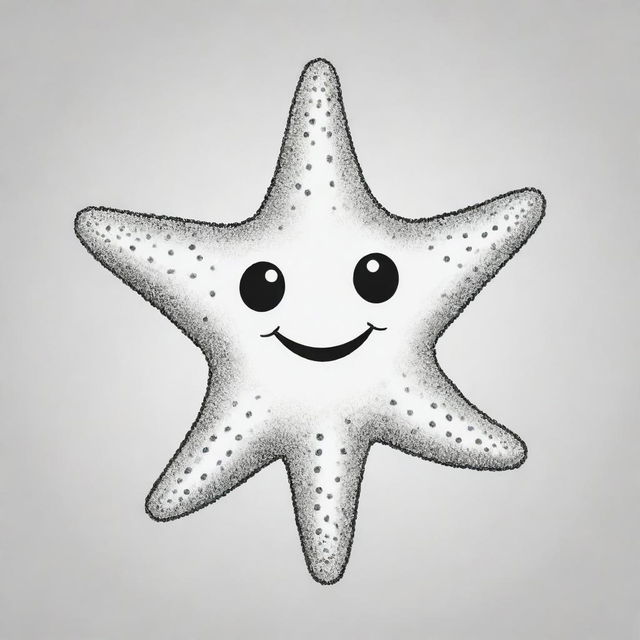 Two-dimensional, black and white drawing of a smiling baby sea star, designed for a colouring page.