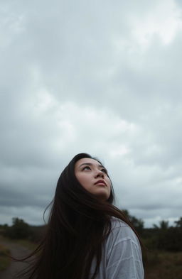 A woman gazing at a gray sky, with striking contemplative expression