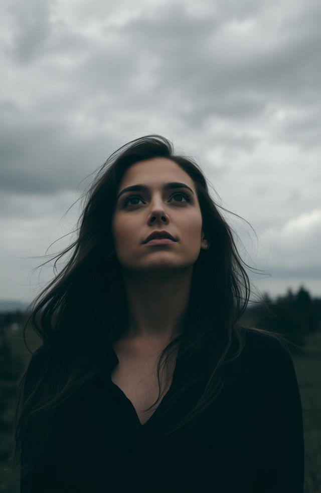 A woman gazing at a gray sky, with striking contemplative expression