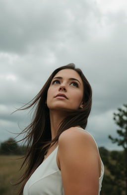 A woman gazing at a gray sky, with striking contemplative expression