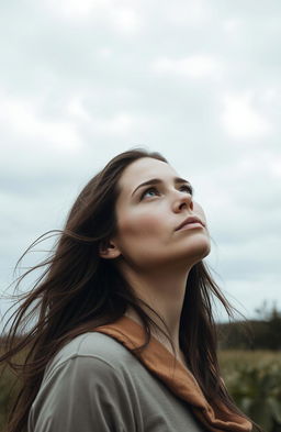 A woman gazing at a gray sky, with striking contemplative expression