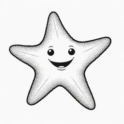 Two-dimensional, black and white drawing of a smiling baby sea star, designed for a colouring page.