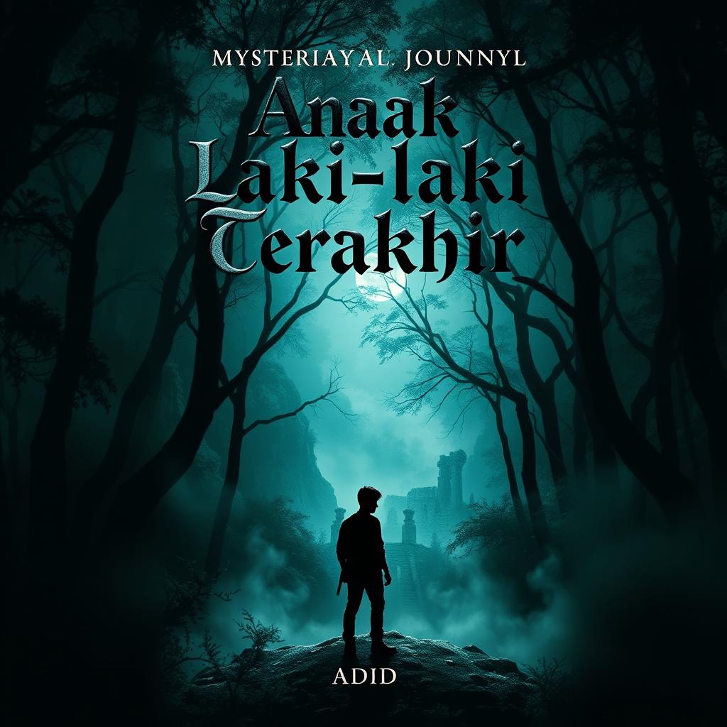 A captivating book cover design for the mysterious journey novel titled 'Anak Laki-laki Terakhir' by Adid