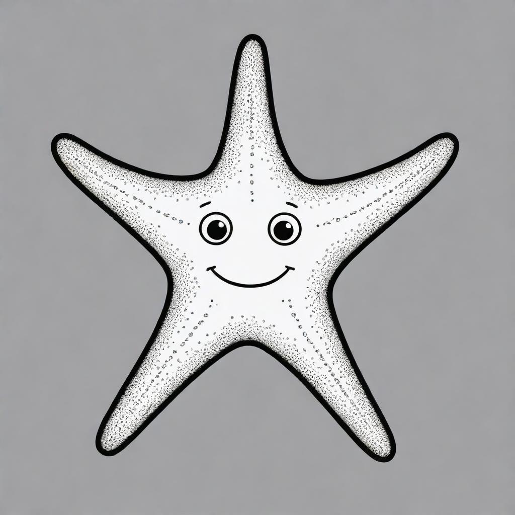 Two-dimensional, black and white cartoon of a sea star with a face, designed for a colouring page.