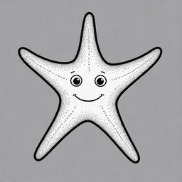 Two-dimensional, black and white cartoon of a sea star with a face, designed for a colouring page.