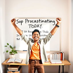 An inspirational and motivational scene showcasing a person triumphantly standing in front of a whiteboard filled with the words 'Stop Procrastinating Today: The 5 Easy Scientific Steps'