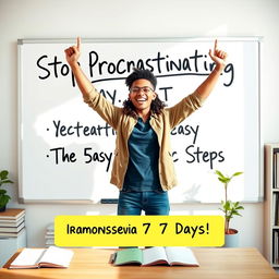 An inspirational and motivational scene showcasing a person triumphantly standing in front of a whiteboard filled with the words 'Stop Procrastinating Today: The 5 Easy Scientific Steps'