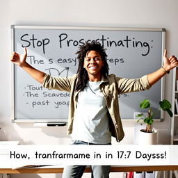 An inspirational and motivational scene showcasing a person triumphantly standing in front of a whiteboard filled with the words 'Stop Procrastinating Today: The 5 Easy Scientific Steps'