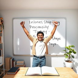 An inspirational and motivational scene showcasing a person triumphantly standing in front of a whiteboard filled with the words 'Stop Procrastinating Today: The 5 Easy Scientific Steps'