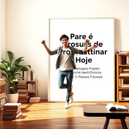 Uma cena inspiradora e motivacional mostrando uma pessoa triunfante em pé em frente a um quadro branco, preenchido com as palavras 'Pare de Procrastinar Hoje: O Método Científico de 5 Passos Fáceis'