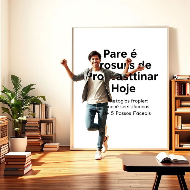 Uma cena inspiradora e motivacional mostrando uma pessoa triunfante em pé em frente a um quadro branco, preenchido com as palavras 'Pare de Procrastinar Hoje: O Método Científico de 5 Passos Fáceis'