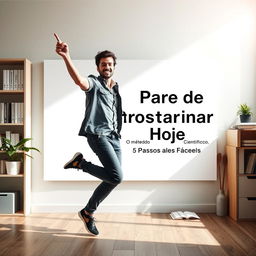 Uma cena inspiradora e motivacional mostrando uma pessoa triunfante em pé em frente a um quadro branco, preenchido com as palavras 'Pare de Procrastinar Hoje: O Método Científico de 5 Passos Fáceis'