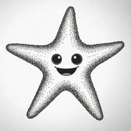 Two-dimensional, black and white cartoon of a sea star with a face, designed for a colouring page.