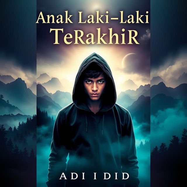 An intriguing book cover design for the mysterious journey novel titled 'Anak Laki-laki Terakhir' by Adid