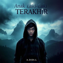 An intriguing book cover design for the mysterious journey novel titled 'Anak Laki-laki Terakhir' by Adid