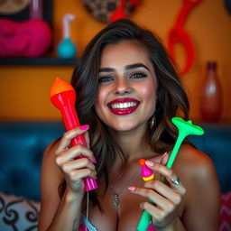 A seductive 29-year-old woman enjoying playful moments with a variety of colorful and enticing sex toys in a tasteful and artistic manner, capturing her enjoyment and confidence