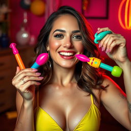 A seductive 29-year-old woman enjoying playful moments with a variety of colorful and enticing sex toys in a tasteful and artistic manner, capturing her enjoyment and confidence