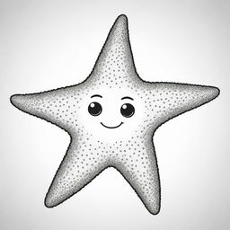 Two-dimensional, black and white cartoon of a sea star with a face, designed for a colouring page.