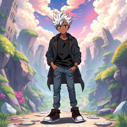 A 20-year-old boy with black skin, styled in a Digimon anime fashion