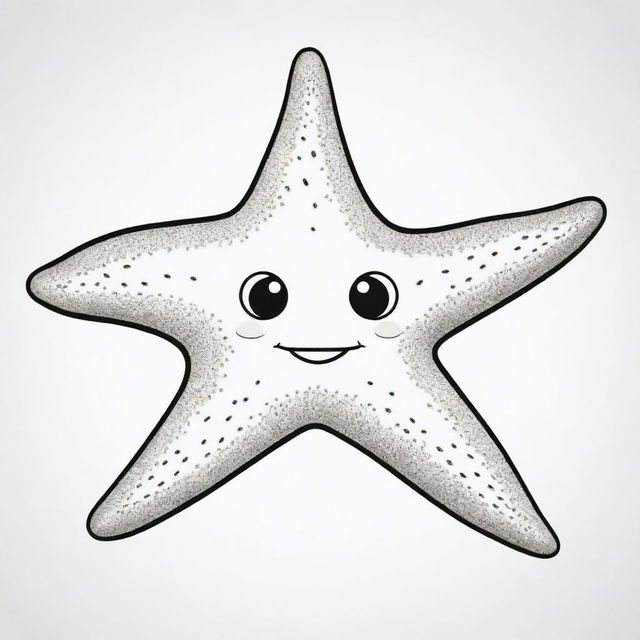 Two-dimensional, black and white cartoon of a sea star with a face, designed for a colouring page.