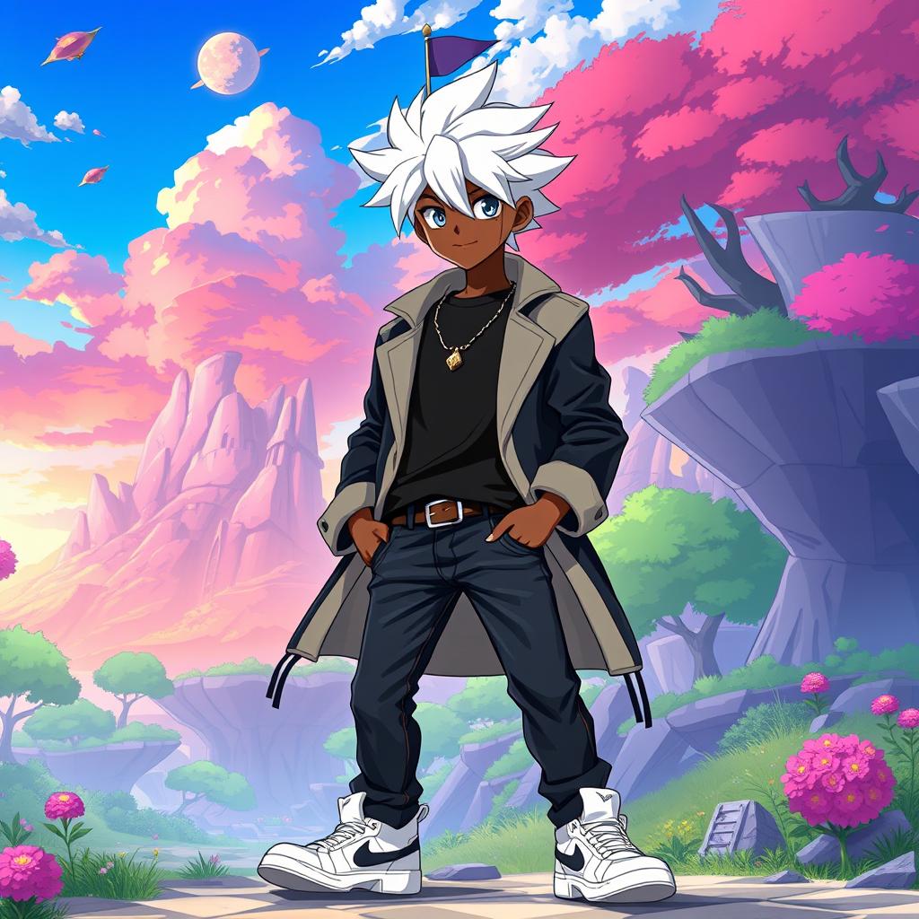 A 20-year-old boy with black skin, styled in a Digimon anime fashion