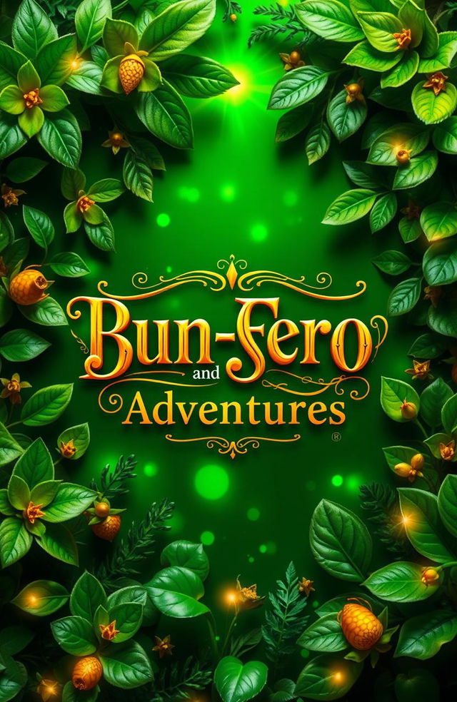 A vibrant shiny green background, featuring a golden title "Bun-Ero And Sage's Adventures" prominently displayed in the center