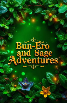 A vibrant shiny green background, featuring a golden title "Bun-Ero And Sage's Adventures" prominently displayed in the center