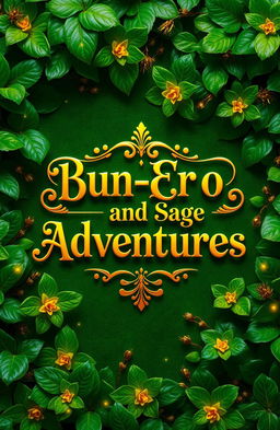 A vibrant shiny green background, featuring a golden title "Bun-Ero And Sage's Adventures" prominently displayed in the center
