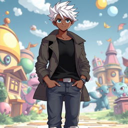 A 20-year-old boy with black skin, illustrated in a Digimon anime style