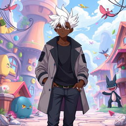 A 20-year-old boy with black skin, illustrated in a Digimon anime style