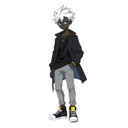 A 20-year-old boy with black skin depicted in a Digimon anime style, standing against a clean white background